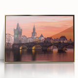Art deco poster of Prague scenery in muted gold and blue tones on acrylic, ideal for modern art wall decor.