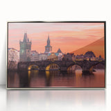 Framed acrylic print of Prague skyline in muted gray and blue tones, ideal for modern art wall decor.