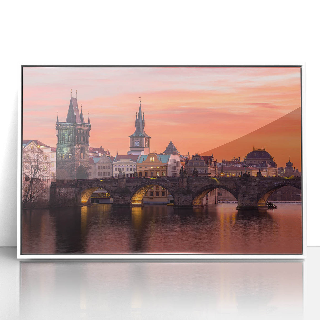 Mid-century modernist art of Prague skyline in muted gray and blue tones on a framed acrylic.