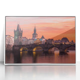 Mid-century modernist art of Prague skyline in muted gray and blue tones on a framed acrylic.