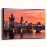 Black and white framed canvas of Prague landscape, ideal for bedroom wall decor.