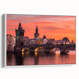 Vintage poster art of Prague skyline in colorful tones on extra large framed canvas, ideal for living room decor.