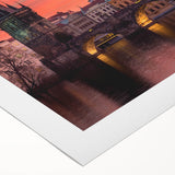 Art Deco poster of Prague skyline in muted gold and navy tones on rolled canvas, suitable for dining room decor.