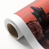 Art deco style poster of Prague skyline in muted earth tones on rolled canvas.