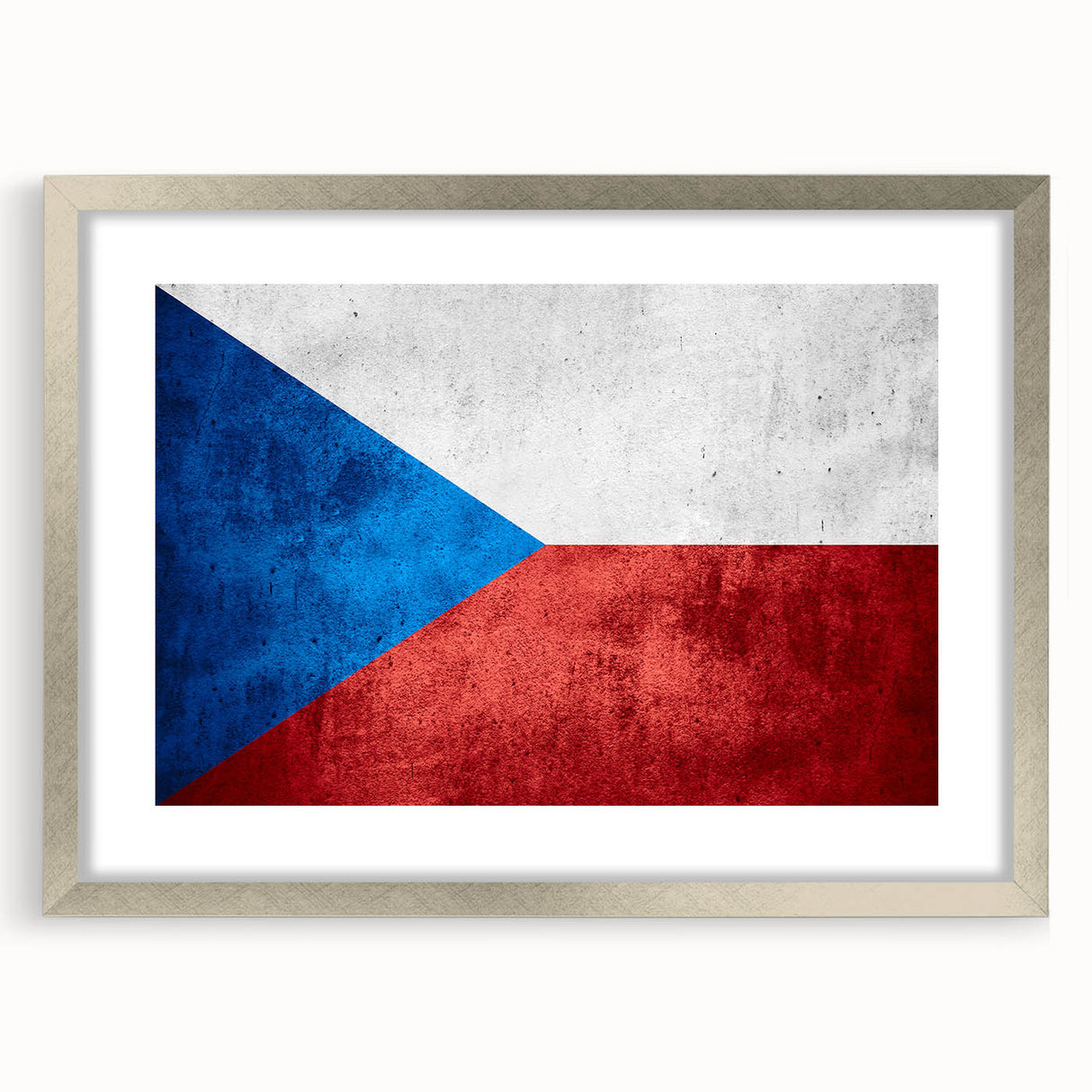 Extra large abstract art print of a textured European scenery in muted earth tones, framed in silver.