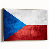 Framed canvas featuring a vintage-style landscape painting of the Czech Republic, in muted gold and black tones.