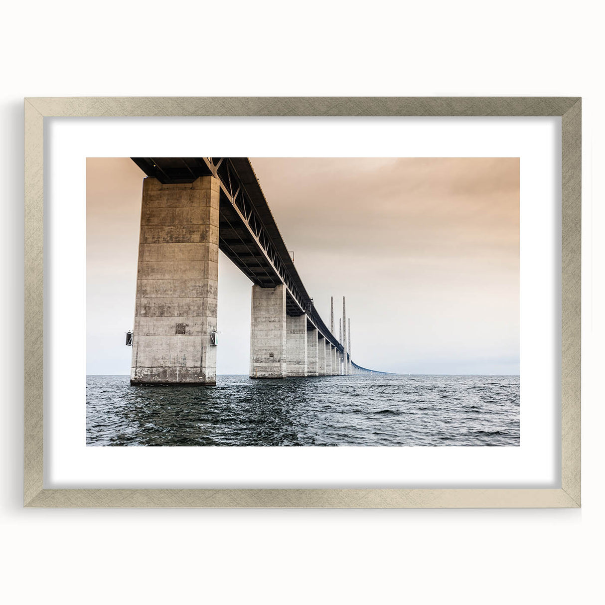 Extra large abstract art print of a European scenery in muted earth tones, framed in silver, ideal for living room decor.