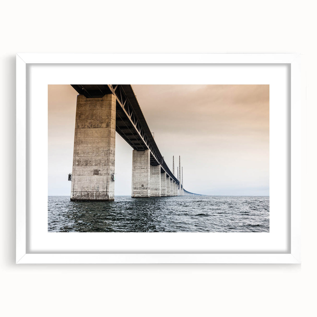 Textured abstract art print of a European scenery in muted earth tones, framed in white, ideal for bedroom decor.