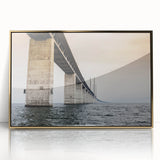 Art deco poster of a European scenery in Denmark, featuring muted gold and blue tones on a framed acrylic.