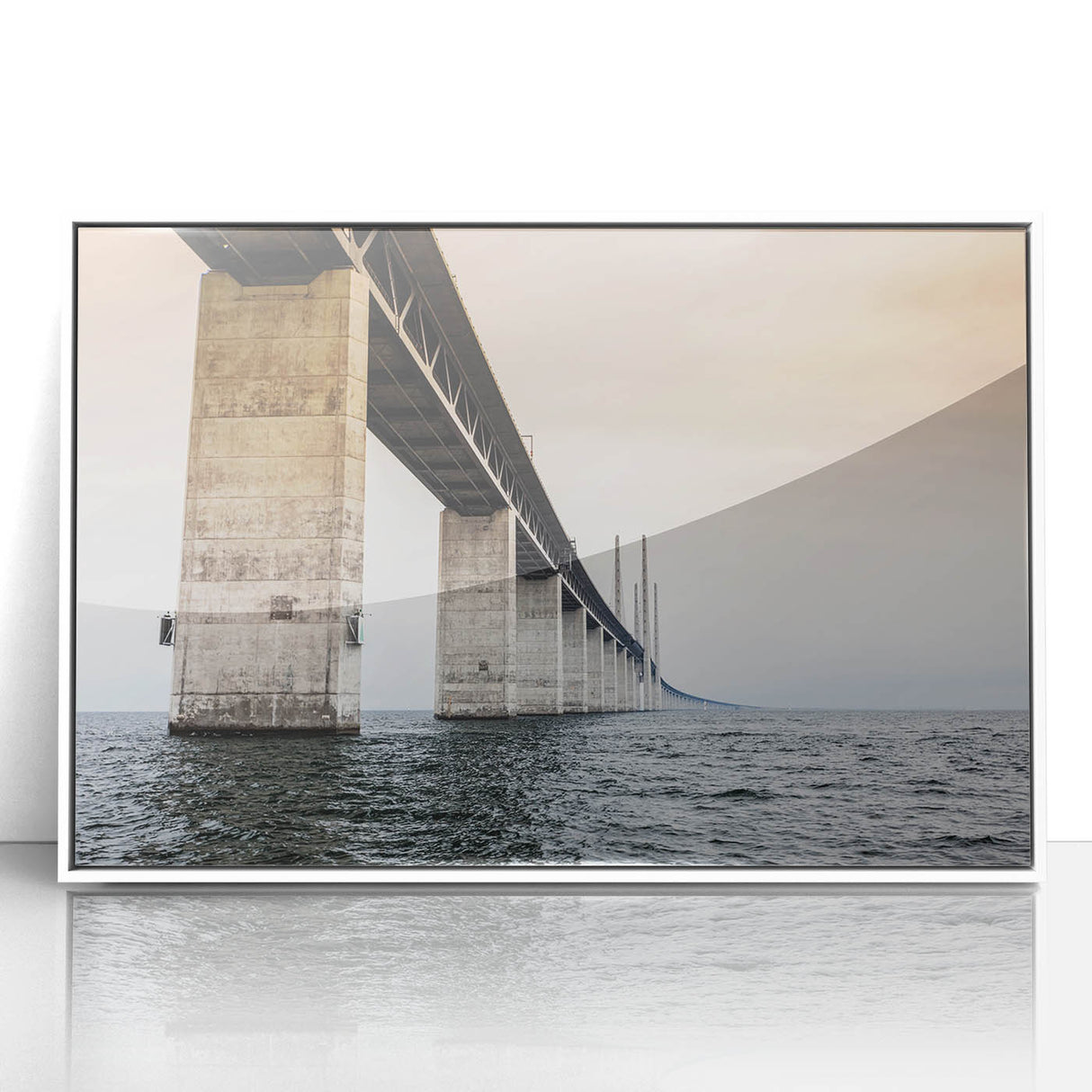 Mid-century modernist art of a European Danish landscape in muted colors on a framed acrylic, ideal for nursery wall decor.