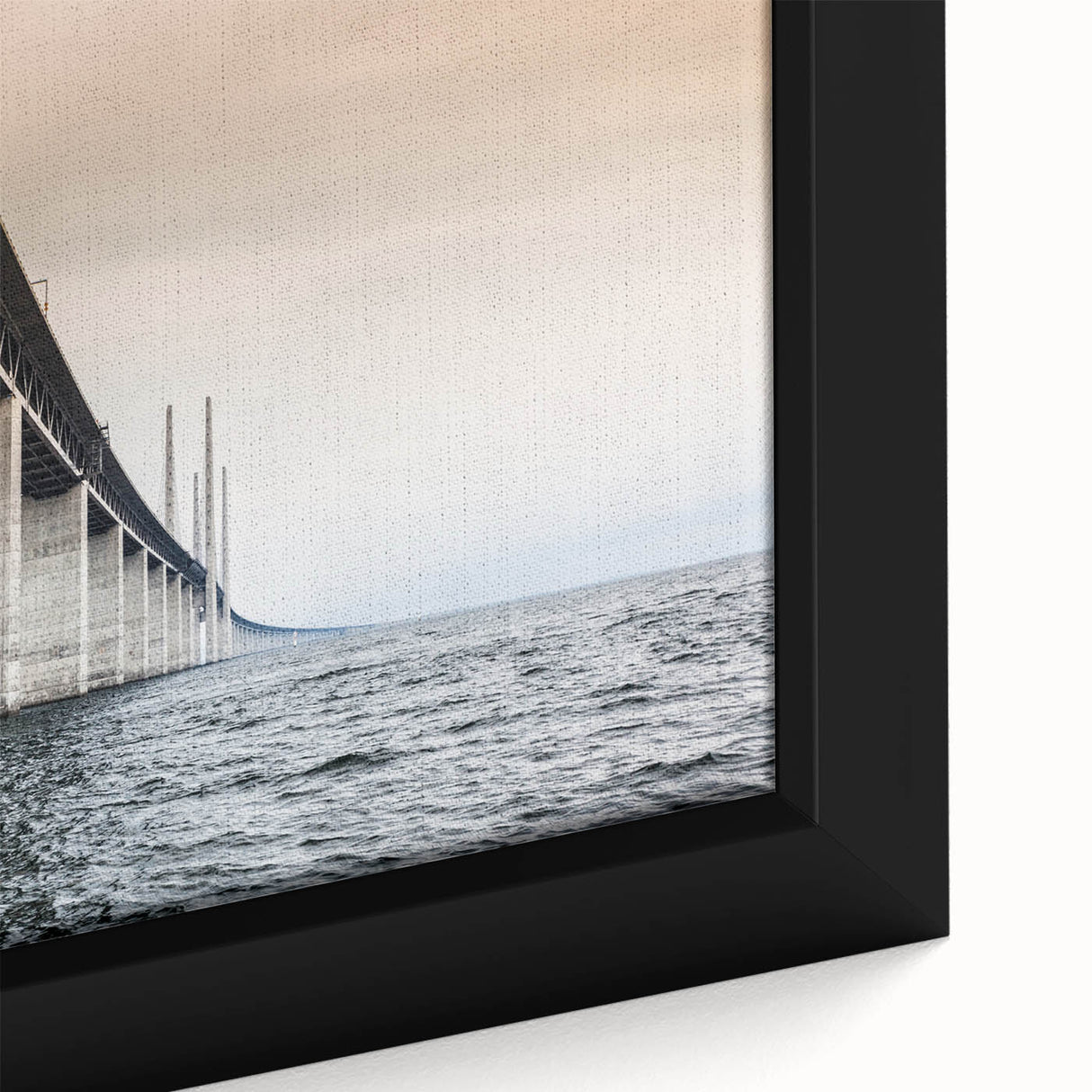 Extra large framed canvas featuring a textured depiction of a European scenery in Denmark with a black background and…
