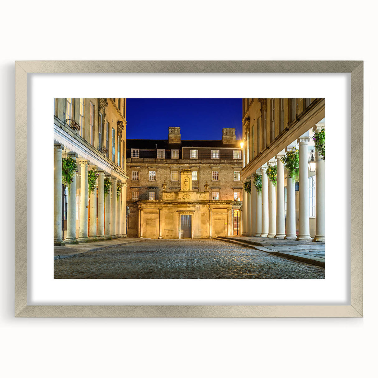 Extra large abstract art print of a textured European scenery in muted tones, framed in silver, ideal for living room decor.