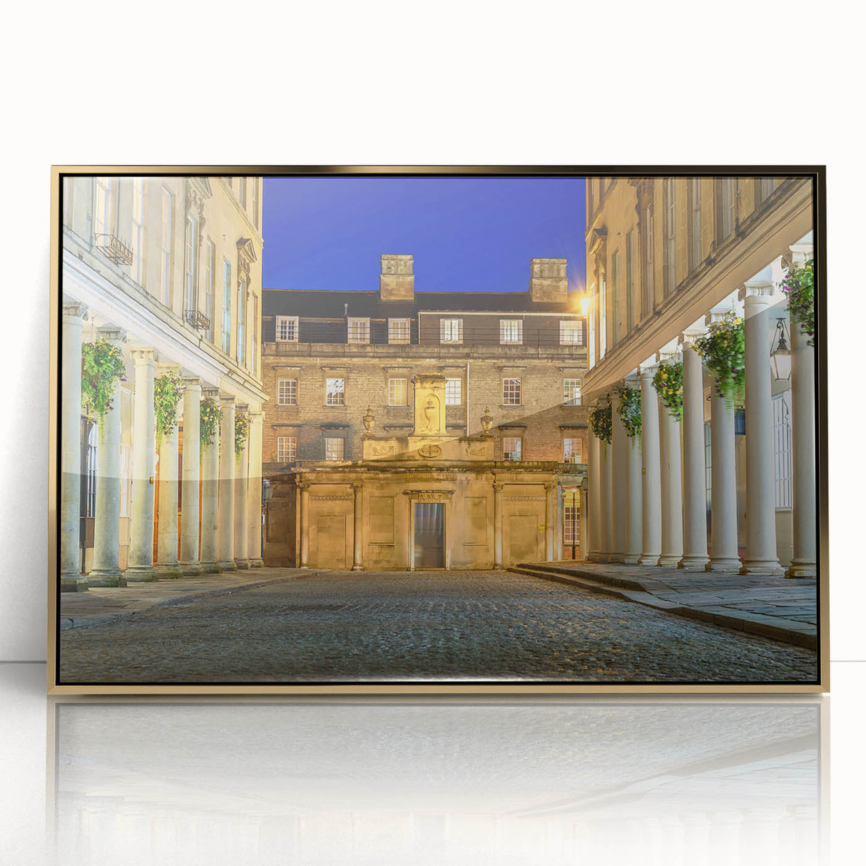 Art deco poster of Bath, England in muted gold and cream tones on a framed acrylic, ideal for modern art wall decor.