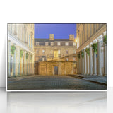 Mid-century modernist art of Bath, England in muted blues and greens, acrylic print framed in white.