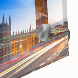 Acrylic print of Big Ben with muted gray and blue tones, ideal for dining room art in a mid-century modernist style.