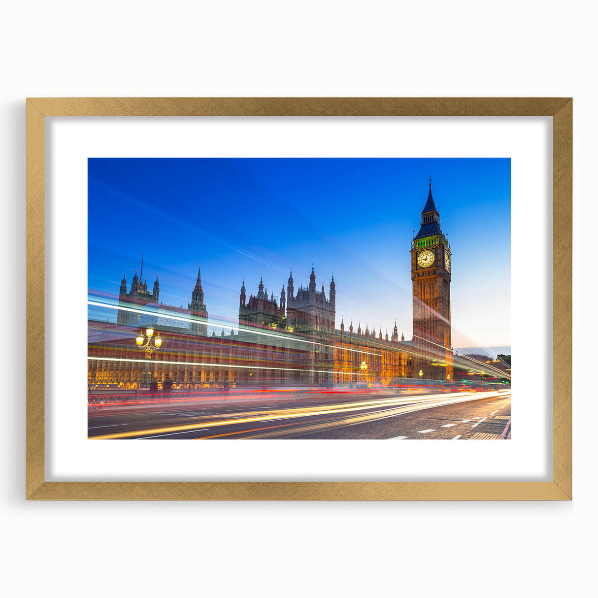 Abstract art print of Big Ben in muted gold and black tones on a framed canvas, suitable for dining room decor.