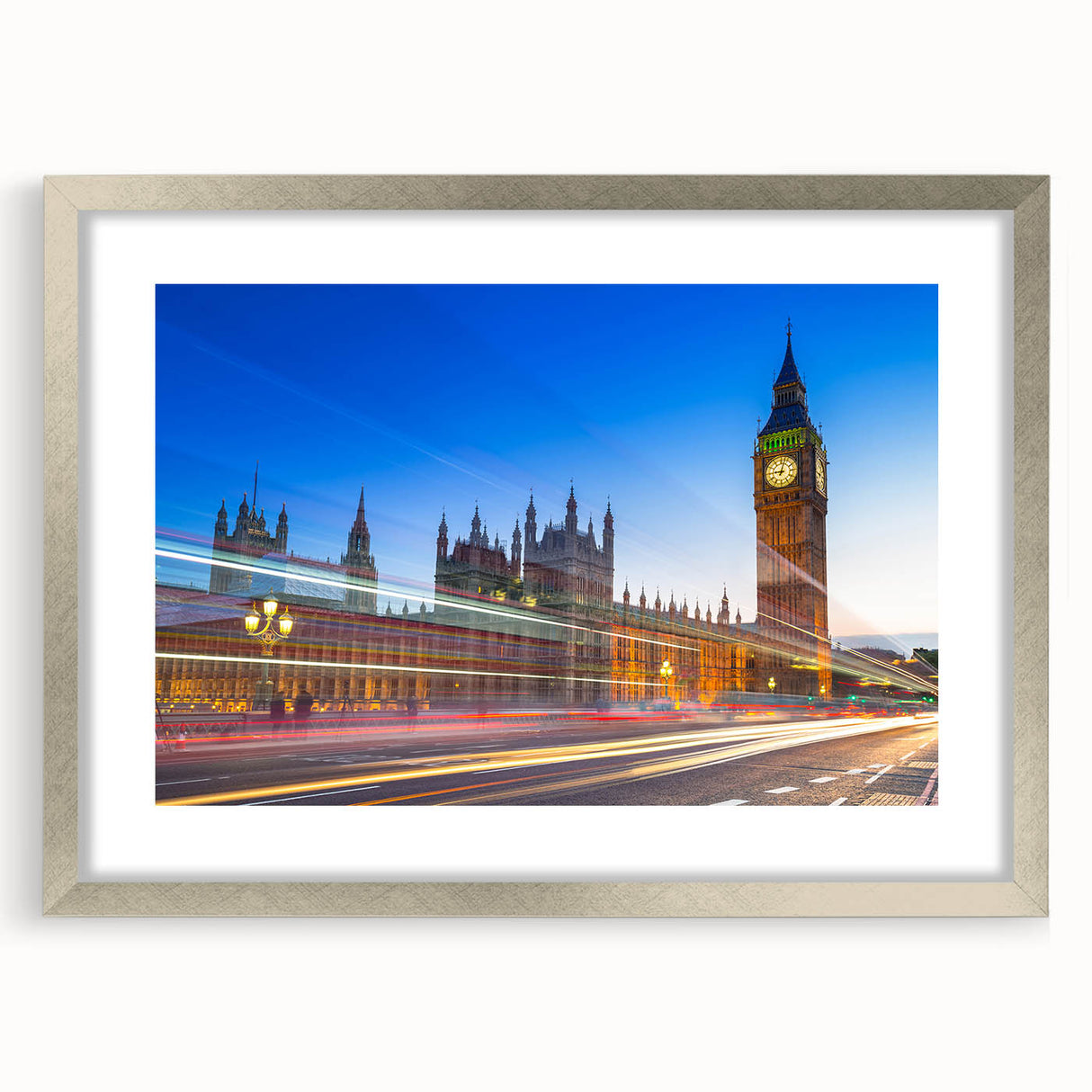Extra large wall art featuring an abstract print of Big Ben with textured details in silver frame.
