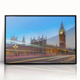 Large abstract wall art featuring the Big Ben with muted gray and blue tones on a framed acrylic.