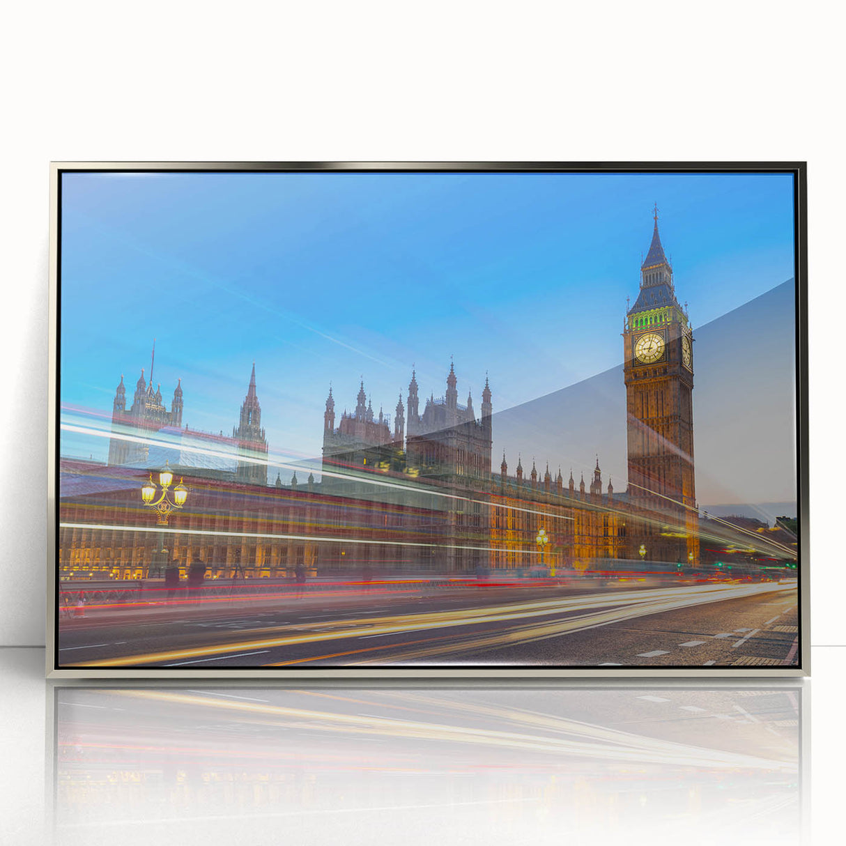 Acrylic print of Big Ben in muted gray tones, framed in silver, ideal for modern art wall decor.