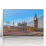 Mid-century modernist art depicting Big Ben with muted gray and blue tones on a framed acrylic.