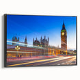 Black and white vintage poster art of Big Ben on framed canvas, ideal for bedroom wall decor.