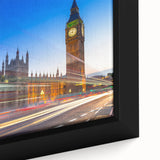 Extra large framed canvas of Big Ben with textured black and colorful art, suited for living room decor.