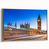 Vintage poster art of Big Ben with gold and black tones on framed canvas, ideal for bedroom wall decor.