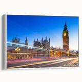 Vintage poster art of Big Ben with colorful accents on a large framed canvas, ideal for living room decor.