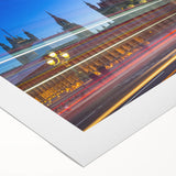 Art deco poster of Big Ben with muted gray and blue tones on rolled canvas, suitable for dining room wall art.