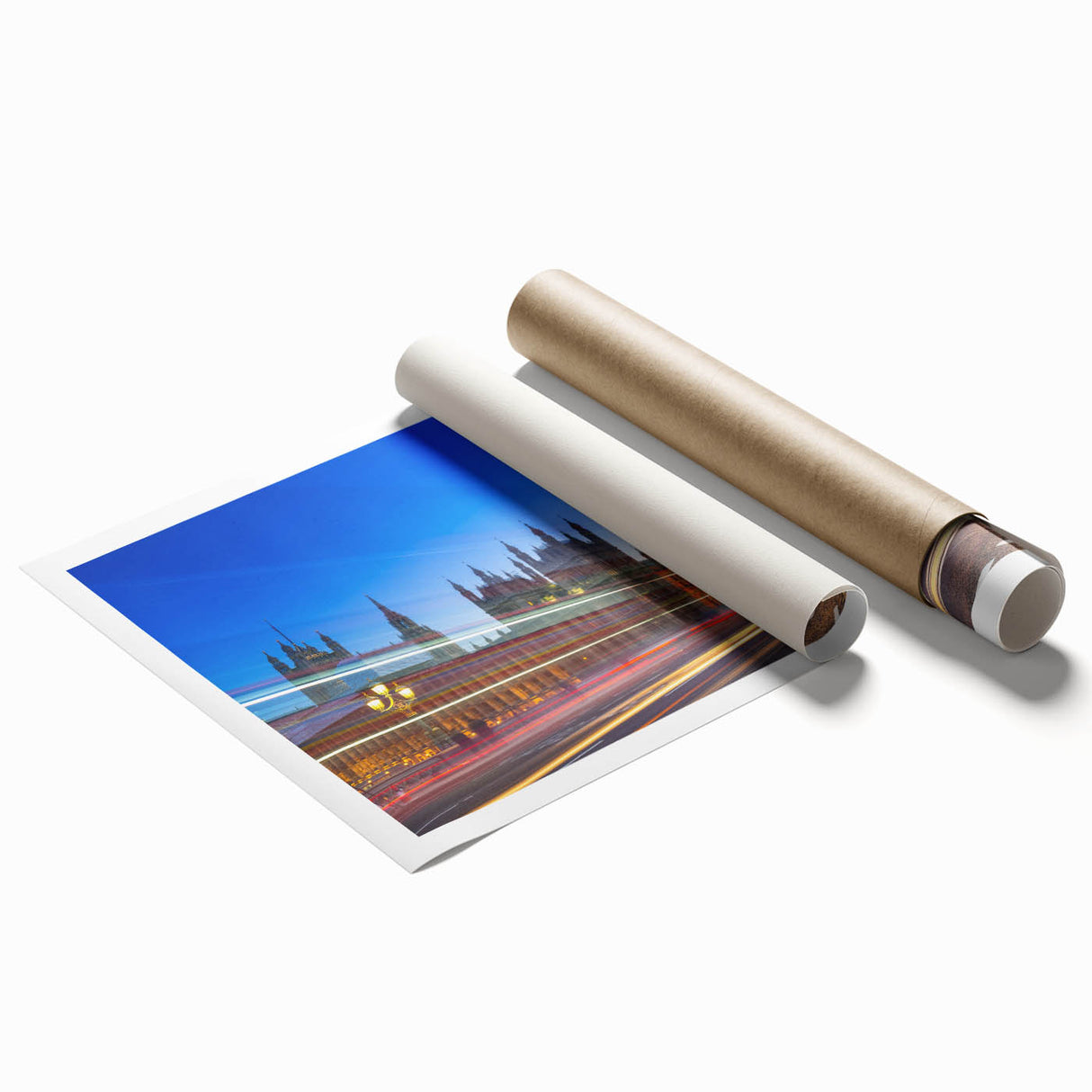 Extra large rolled print of Big Ben with muted floral background, suitable for classy bathroom wall art.