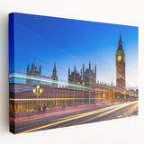 Side view of a large canvas depicting the Big Ben and London skyline in muted gray and blue tones.