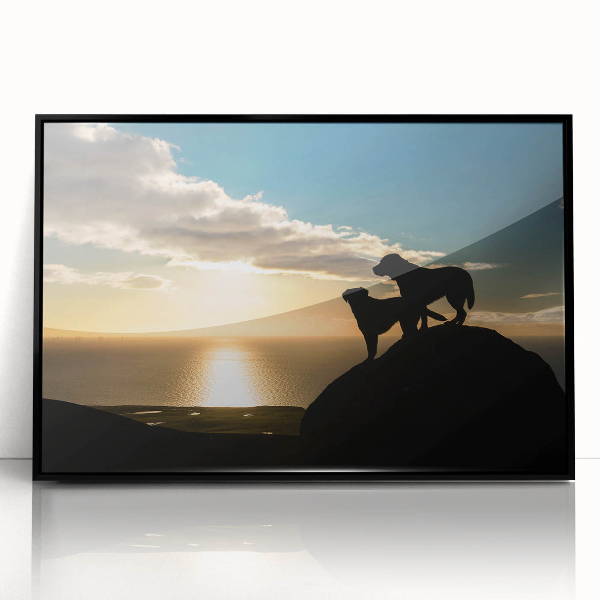 Large abstract wall art depicting a muted color landscape of Cumbria, England, in a black framed acrylic.