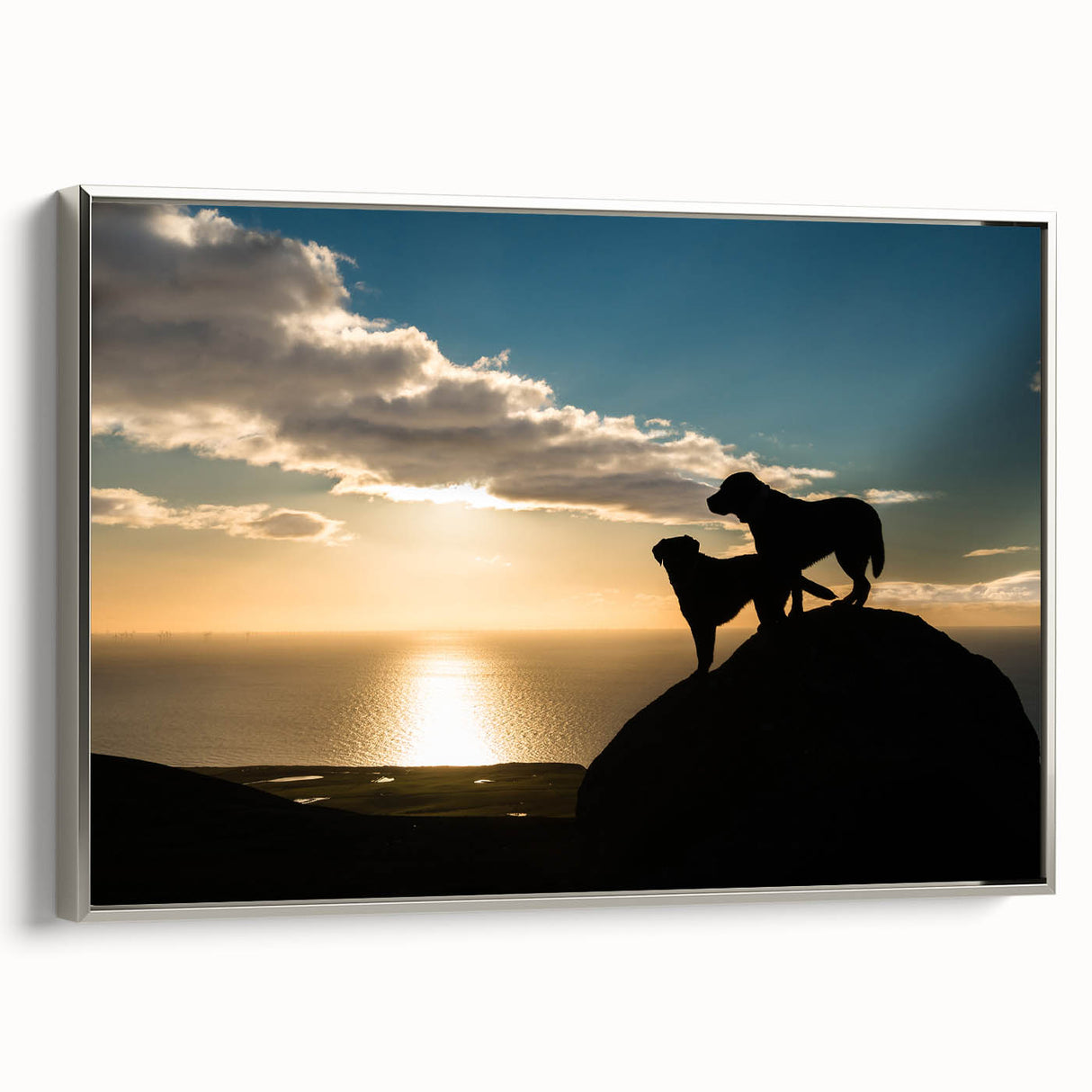 Landscape art painting of Cumbria featuring colorful hills, framed canvas in a silver frame, suitable for living room decor.