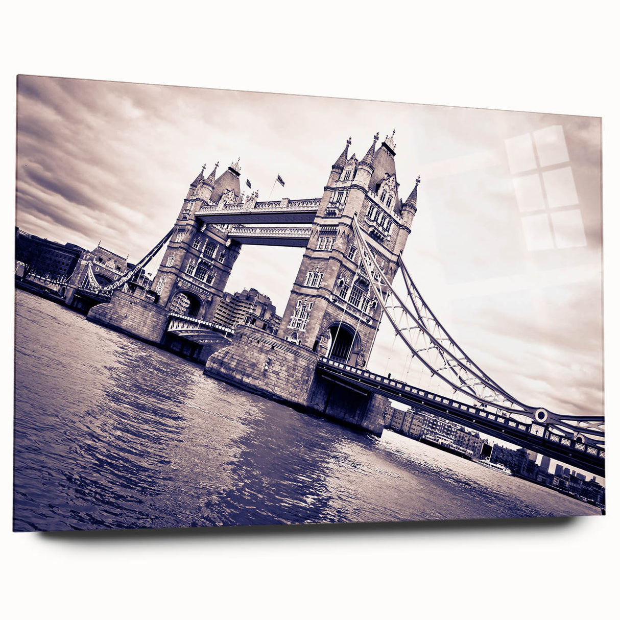 Large abstract depiction of London's skyline on acrylic glass, featuring muted gray and blue tones.