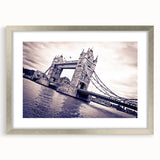 Extra large abstract art print of London scenery in muted gray and silver tones on a framed canvas.