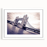 Textured art print of an abstract London skyline in muted gray and blue tones, framed with a white mat.