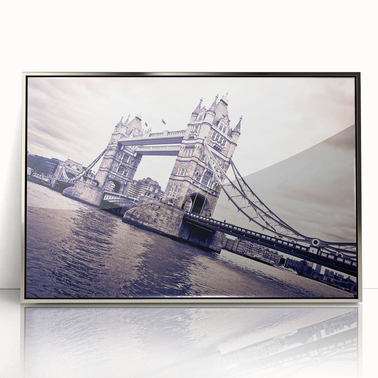 Large art print of London skyline in muted gray, framed in silver acrylic, suitable for modern art wall decor.