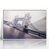 Mid-century modernist art depicting London skyline in acrylic print with muted gray tones, ideal for nursery wall decor.