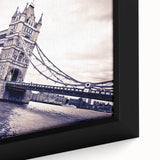 Close-up of black wall art featuring a textured London skyline in colorful hues, framed canvas, ideal for living room decor.