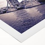 Art deco poster of London skyline in muted gray and blue tones on rolled canvas, suitable for dining room wall art.