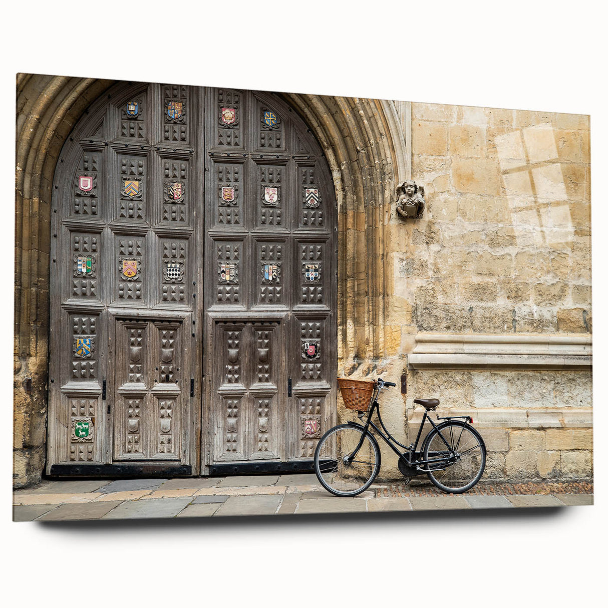 Large abstract depiction of Oxford skyline in muted earth tones on acrylic glass, ideal for bedroom or dining room art.