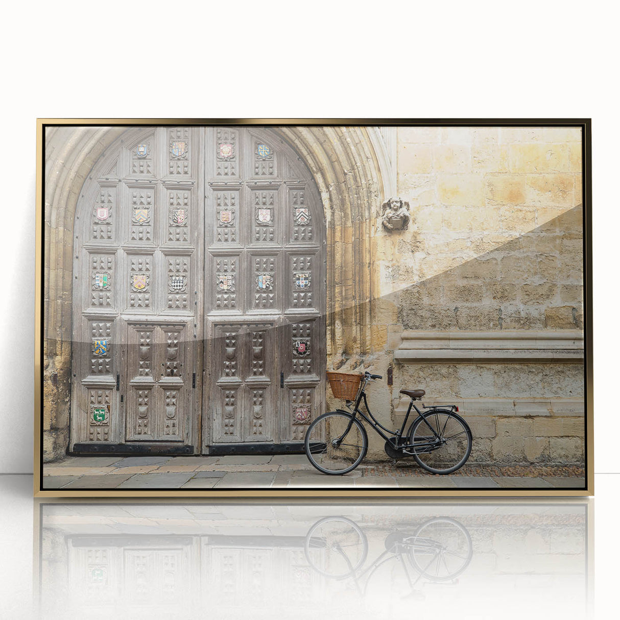 Art deco poster featuring an Oxford, England scenery in muted gold and brown tones, acrylic framed.