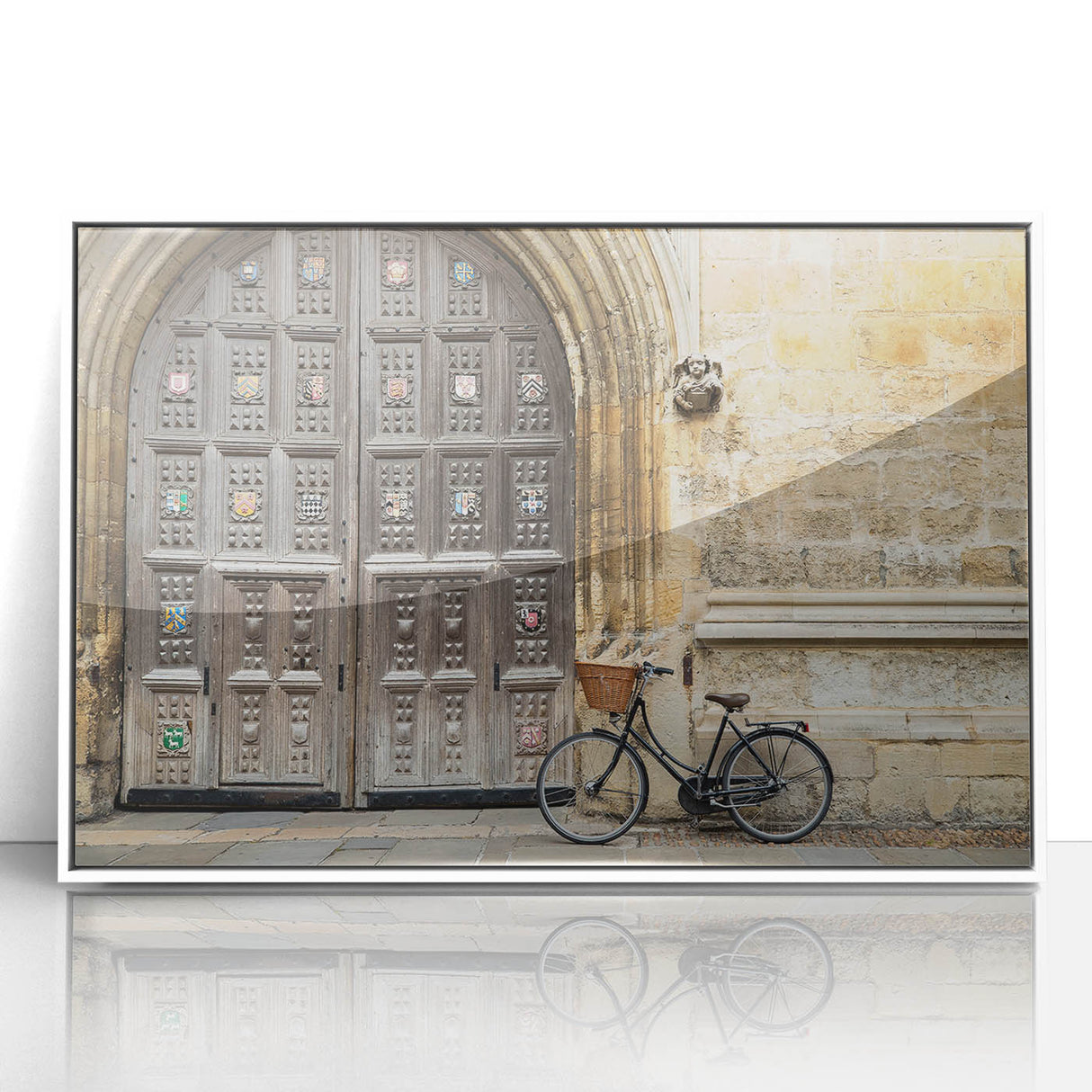 Mid-century modernist art depicting Oxford's scenery in muted earth tones on a white framed acrylic.