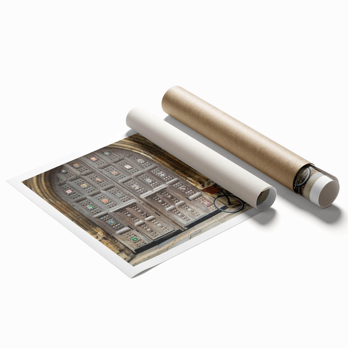 Extra large rolled print of Oxford scenery with floral accents in soft color tones, ideal for classy bathroom wall art.