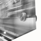 Mid-century modernist acrylic print of an abstract Piccadilly scene in muted blues and greens, ideal for dining room art.