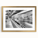 Abstract art print depicting Piccadilly, England in muted gold and blue tones on a framed canvas.