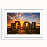 Textured art print of Stonehenge in muted earth tones, framed with a white mat, suitable for bedroom decor.