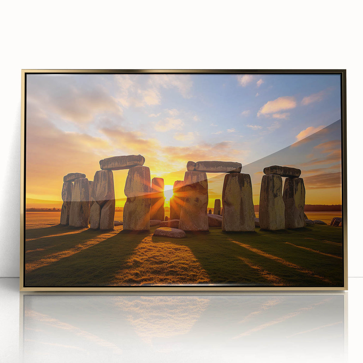 Acrylic print of Stonehenge in muted earth tones, framed in gold, suitable for modern art wall decor.