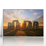 Mid-century modernist art of Stonehenge with muted earth tones on a white acrylic framed poster.