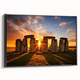 Black and white framed canvas of Stonehenge in a vintage poster style, ideal for bedroom wall art.